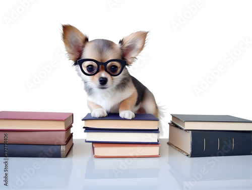 Cute chihuahua puppy with books about bedtime stories. © May Thawtar