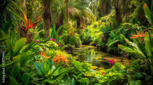 A vibrant close-up view of a lush oasis flourishing with greenery and diverse wildlife