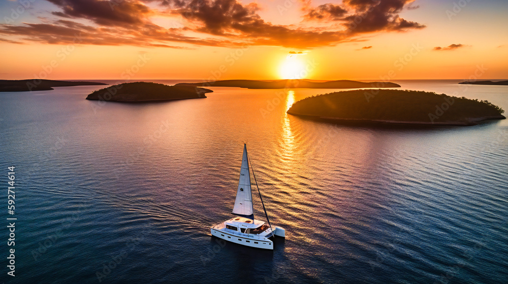 A wide-angle view of a luxurious catamaran sailing through a tropical paradise at sunset, featuring a sophisticated champagne service