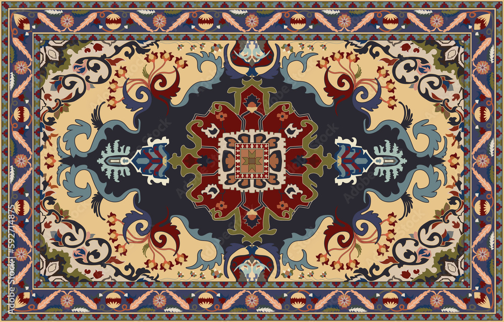 Colorful ornamental vector design for rug, tapis, yoga mat. Geometric ethnic clipart. Arabian ornamental carpet with decorative elements.Persian carpet,