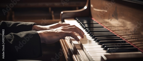 Hands of a pianist gracefully playing the keys of a piano. Generative AI