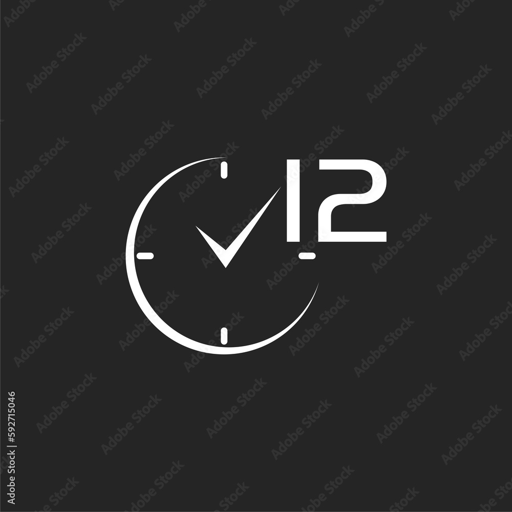 12 hours and clock icon isolated on black background 12 hours and clock icon isolated on black background