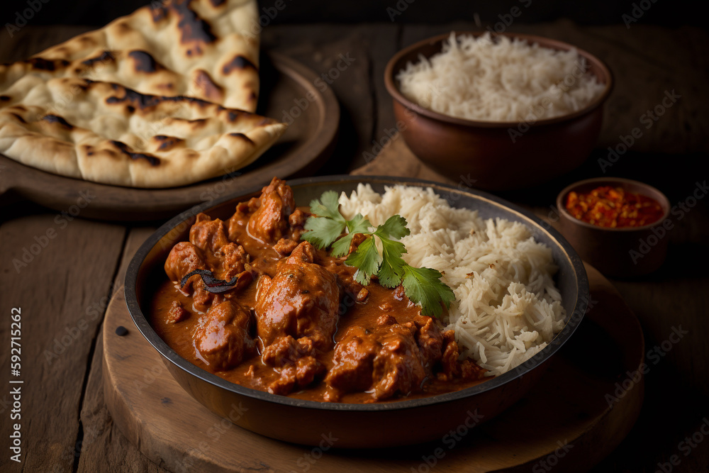Chicken tikka masala spicy curry meat food in a clay plate with rice and naan made with Generative AI Chicken tikka masala spicy curry meat food in a clay plate with rice and naan made with Generative AI