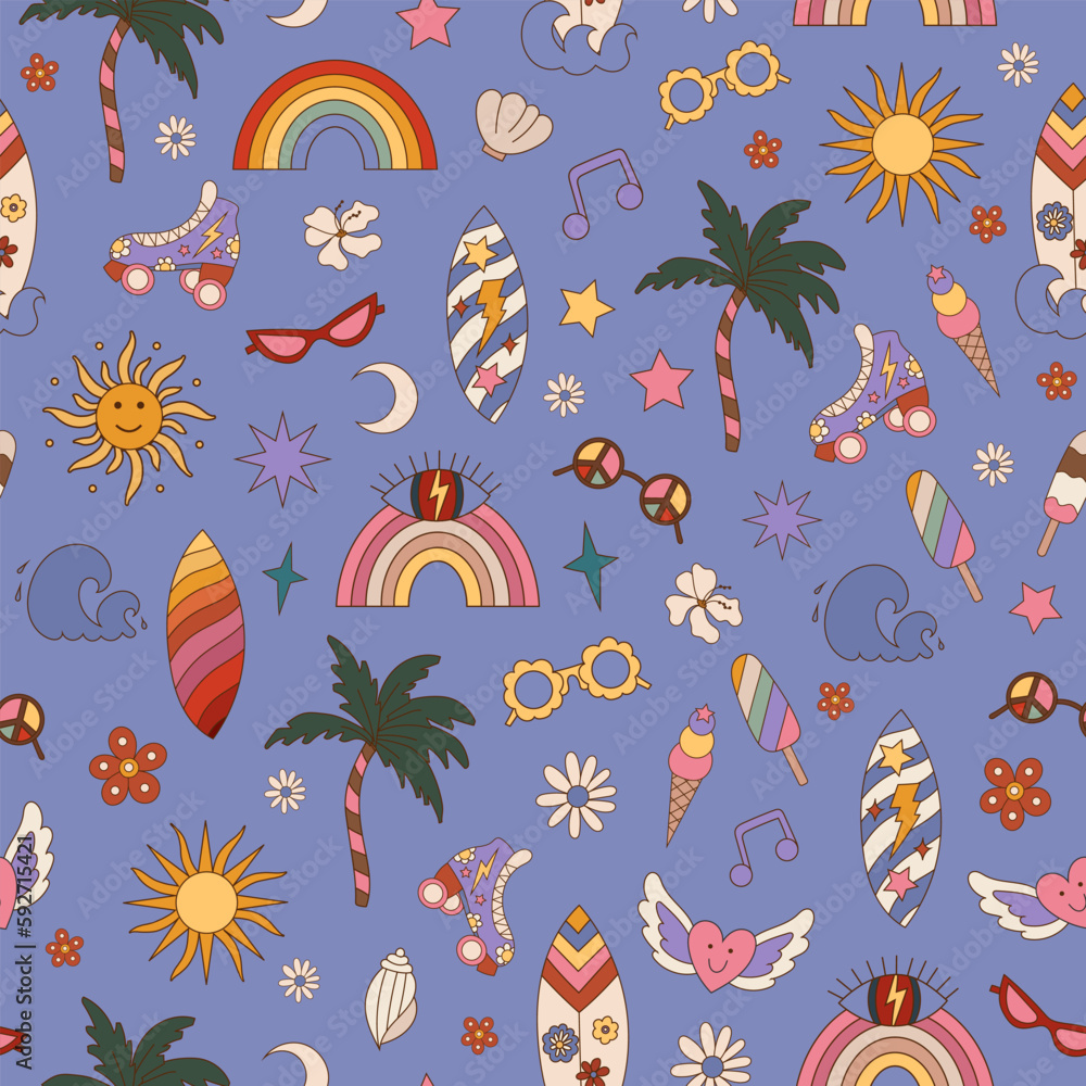 Retro groovy summer seamless pattern with rainbow, surfboard, sun, palm tree, glasses 70s background. Funky boho vibrant psychedelic hippie vibes pattern. Vector illustration in flat style