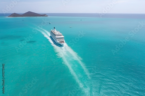 Large cruise ship in tropical landscape, aerial view. Tourism vacation and summer traveling. Luxury liner ship in the sea. Created with Generative AI