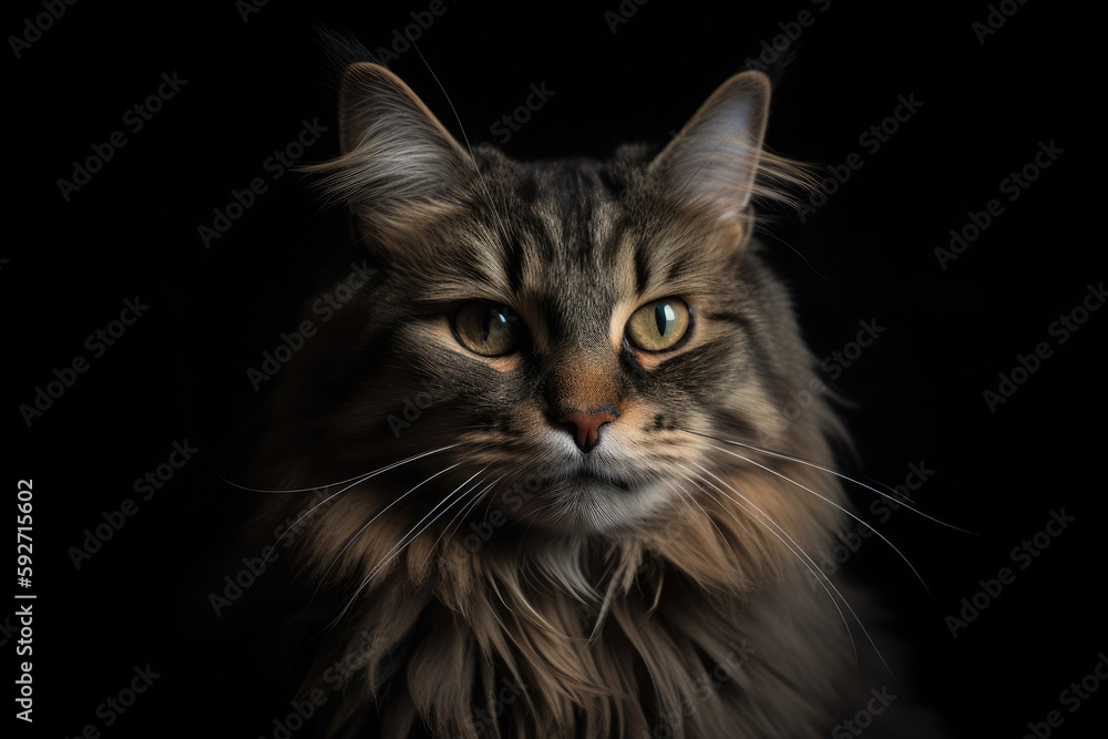 Gray cat portrait looking at camera on dark background. Cute pet. Created with Generative AI