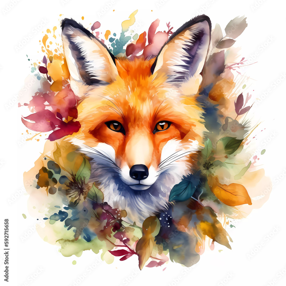 Obraz premium Fox portrait watercolor clipart with spring leaves 