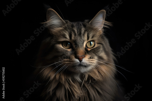 Gray cat portrait looking at camera on dark background. Cute pet. Created with Generative AI © Lazy_Bear