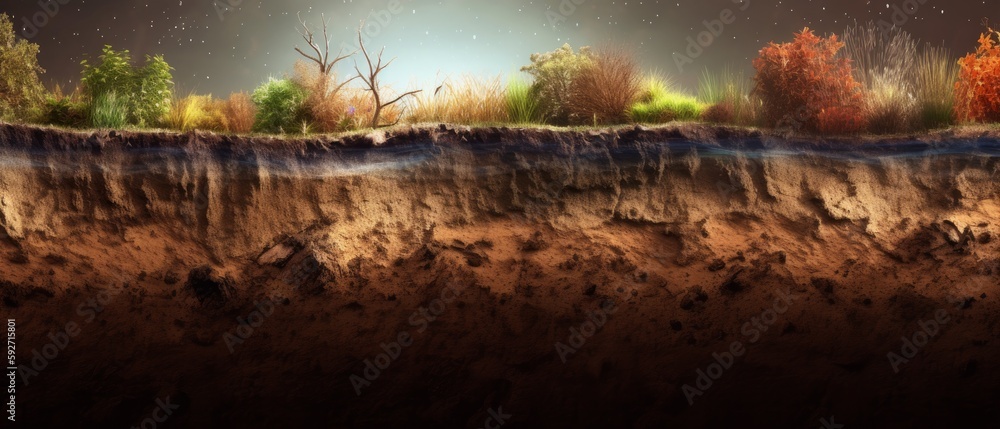 Section of soil with underground water, layers of earth and rocks ...