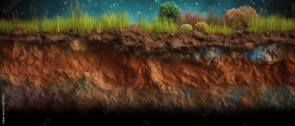 Section of soil with underground water, layers of earth and rocks ...