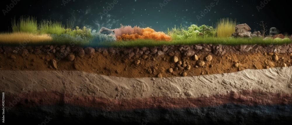 Section of soil with underground water, layers of earth and rocks ...