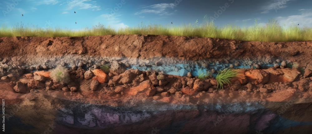Photo Section of soil with underground water, layers of earth and rocks ...