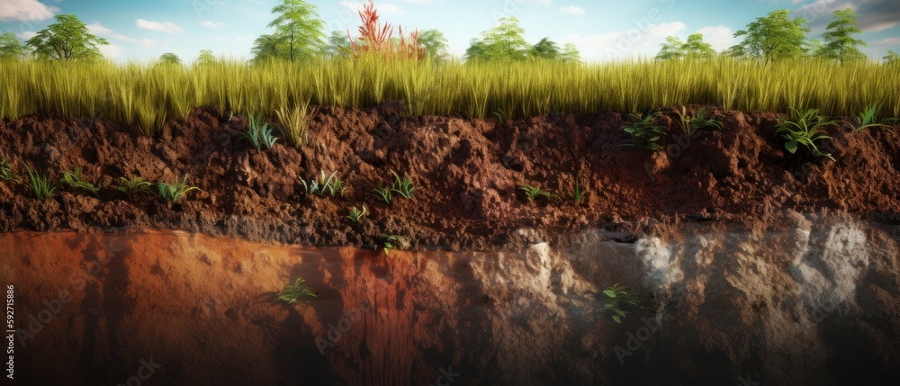 Section of soil with underground water, layers of earth and rocks ...
