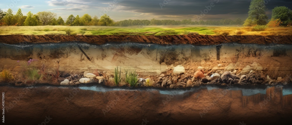 Section of soil with underground water, layers of earth and rocks ...