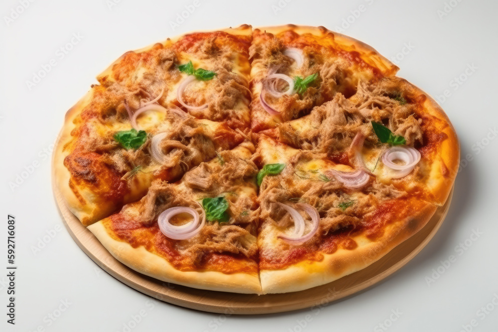 tuna pizza on clean background created with Generative AI technology