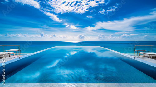 A striking image of a luxurious oceanfront infinity pool, blending effortlessly with the vibrant sea and sky beyond © Nilima