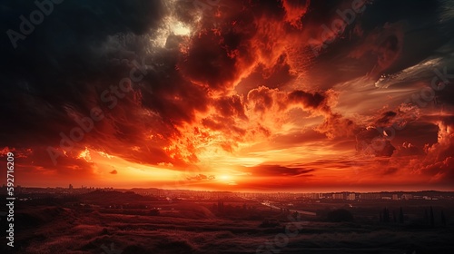 Abstract dark red background. Dramatic red sky. Red sunset with clouds. Fantastic sunset background with copy space for design. Halloween, armageddon, apocalypse, end of the world concept © JanPaulAnthony