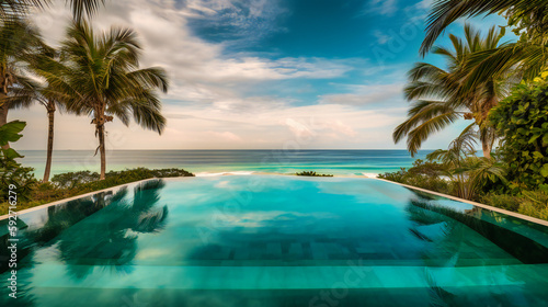 A mesmerizing image of a luxurious infinity pool, perfectly blending with the surrounding beach landscape and tropical greenery