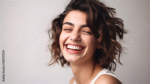 portrait of young woman with dark curly hair laughing showing teeth happy in front of white background, generative ai, illustration