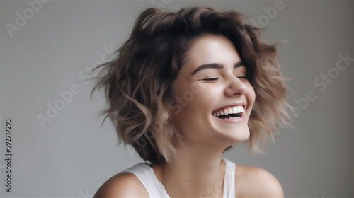 portrait of young woman with dark curly hair laughing showing teeth happy in front of white background, generative ai, illustration