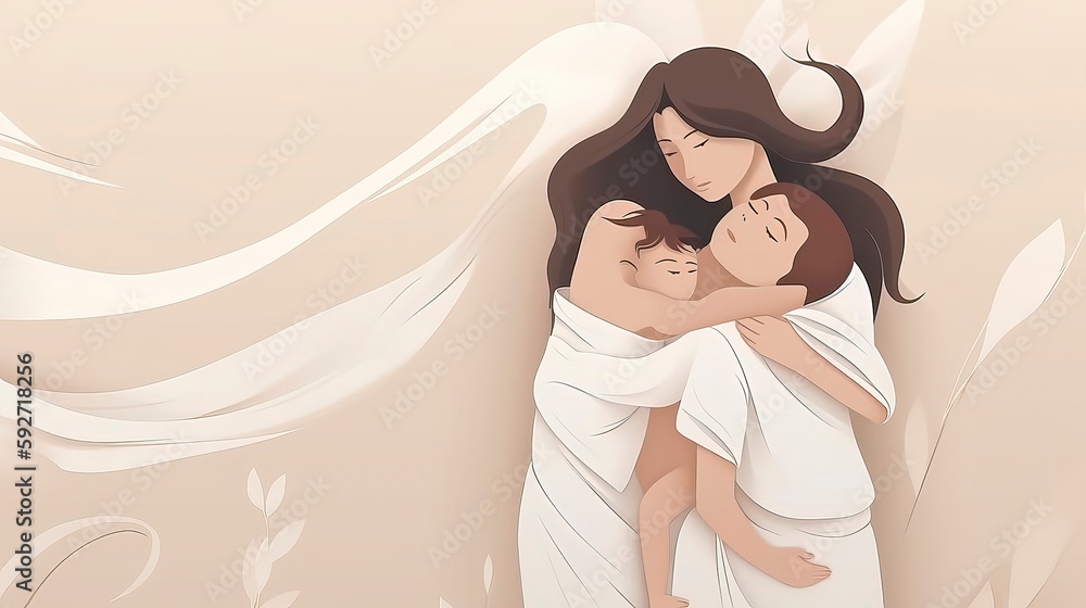 Minimalistic and clean Mothers day banner ideas where Mom is hugging her Child. Generative AI Minimalistic and clean Mothers day banner ideas where Mom is hugging her Child. Generative AI
