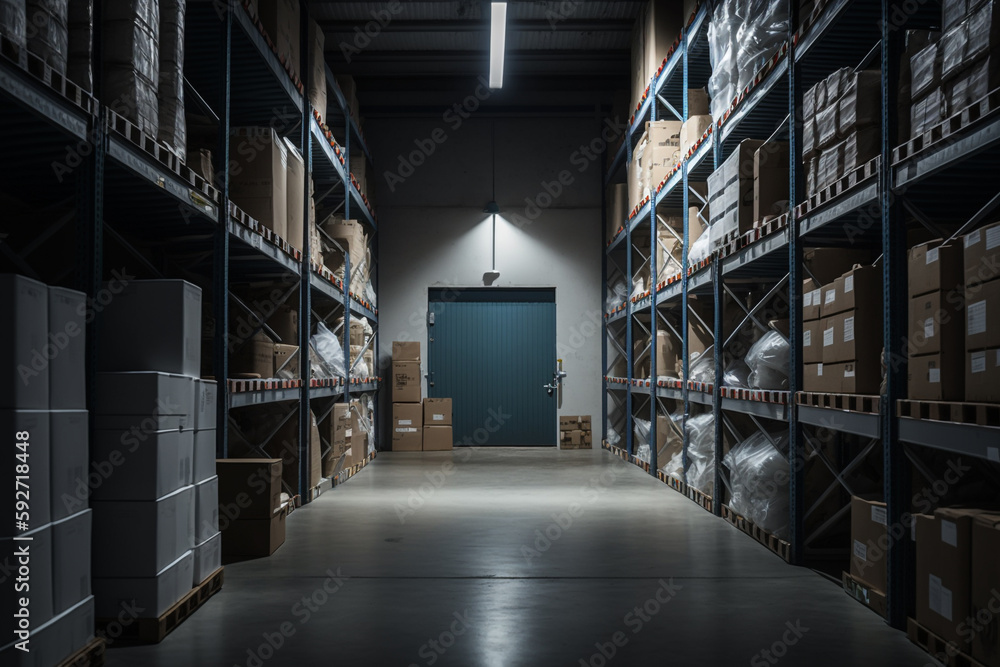 warehouse facility with tall shelves storage made with Generative AI