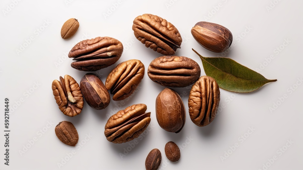 Raw pecan with water drops on white background. Close up Raw pecan with water drops on white background. Close up