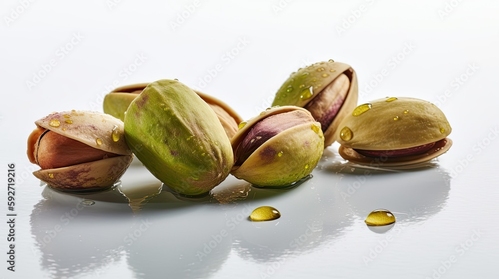 pistachio nut with water drops on white background. Close up pistachio nut with water drops on white background. Close up
