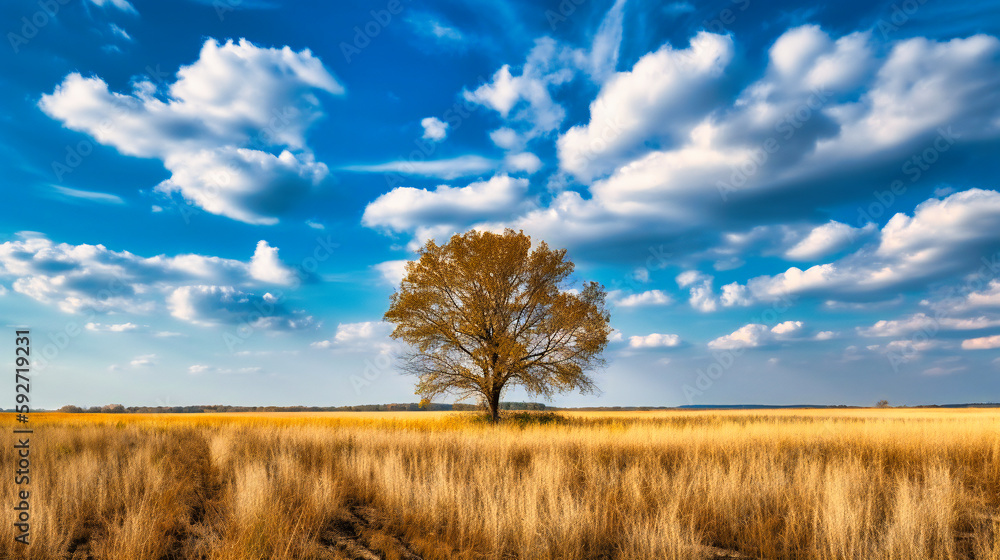A serene and calming scene featuring a solitary tree amidst golden fields under a cloud-speckled sky A serene and calming scene featuring a solitary tree amidst golden fields under a cloud-speckled sky