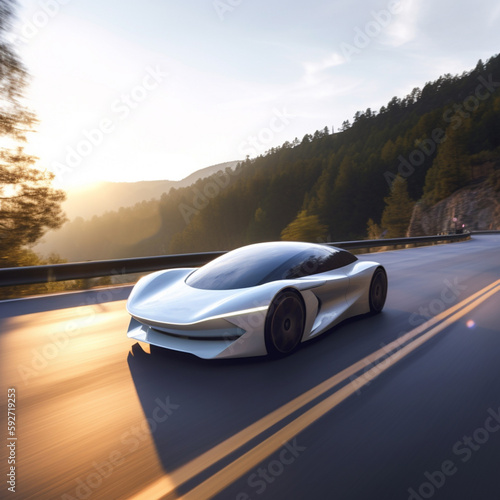 Electric vehicle super car on mountain road, sunset in summer