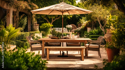 A refined image of an enchanting outdoor dining area  providing a charming and elegant setting for a memorable summer evening