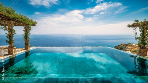 A stunning image of a luxurious infinity pool  masterfully blending with the ocean s horizon for the ultimate summer escape