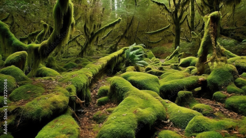 green moss on a tree in an old forest, Generative AI