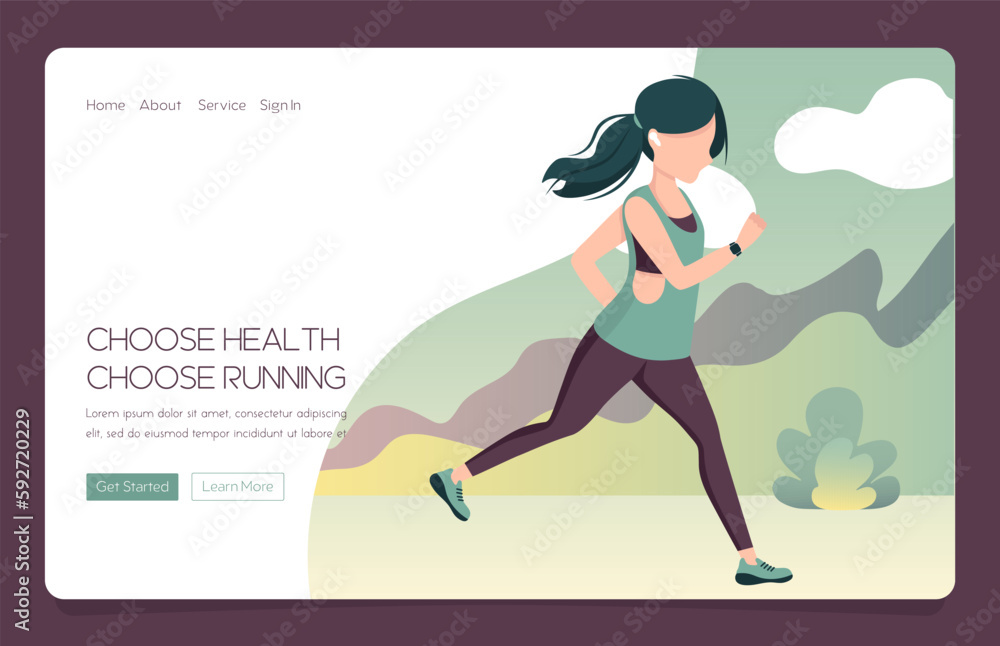 Web Landing banner Young woman running in sportswear with a tracker and headphones.
