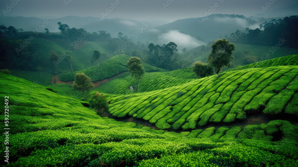 Beautiful landscape of the tea plantation, Generative AI