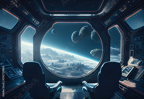Dark blue spaceship futuristic interior with window view on planet Earth 3d rendering. Generative AI © Nicolae