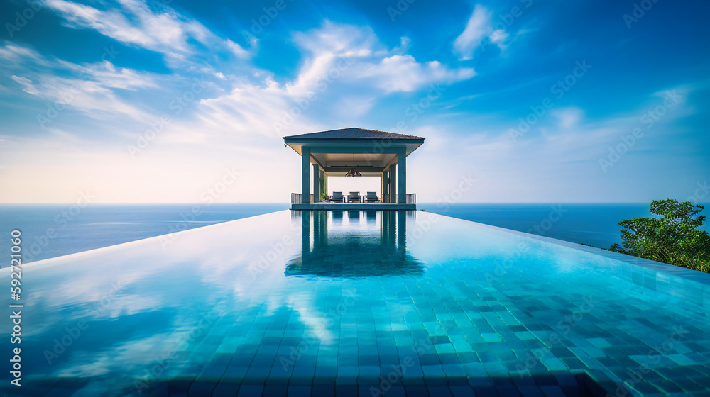 A captivating image of an upscale summer villa, featuring a breathtaking infinity pool merging with the vast ocean horizon A captivating image of an upscale summer villa, featuring a breathtaking infinity pool merging with the vast ocean horizon