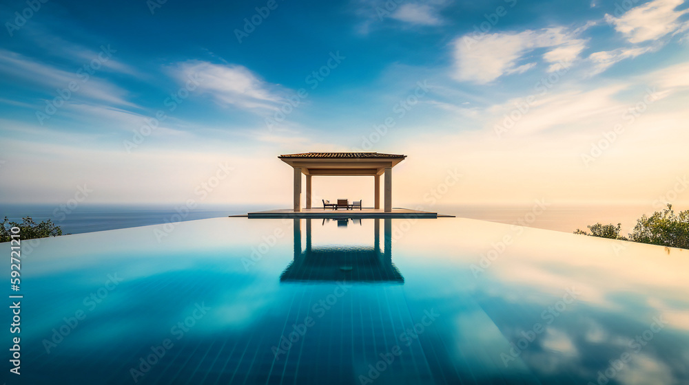 A captivating image of an upscale summer villa, featuring a breathtaking infinity pool merging with the vast ocean horizon