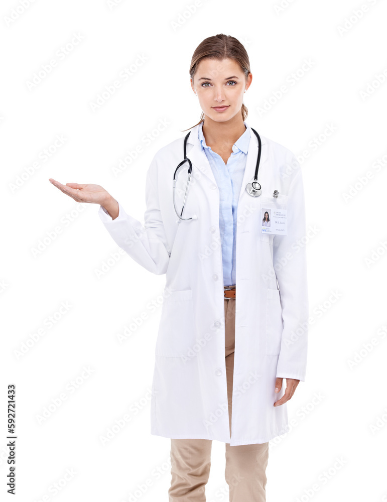 Woman doctor, empty space and hand presentation isolated on transparent, png background for healthcare product placement. Portrait of medical person with palm, advertising and expert advice or offer Woman doctor, empty space and hand presentation isolated on transparent, png background for healthcare product placement. Portrait of medical person with palm, advertising and expert advice or offer