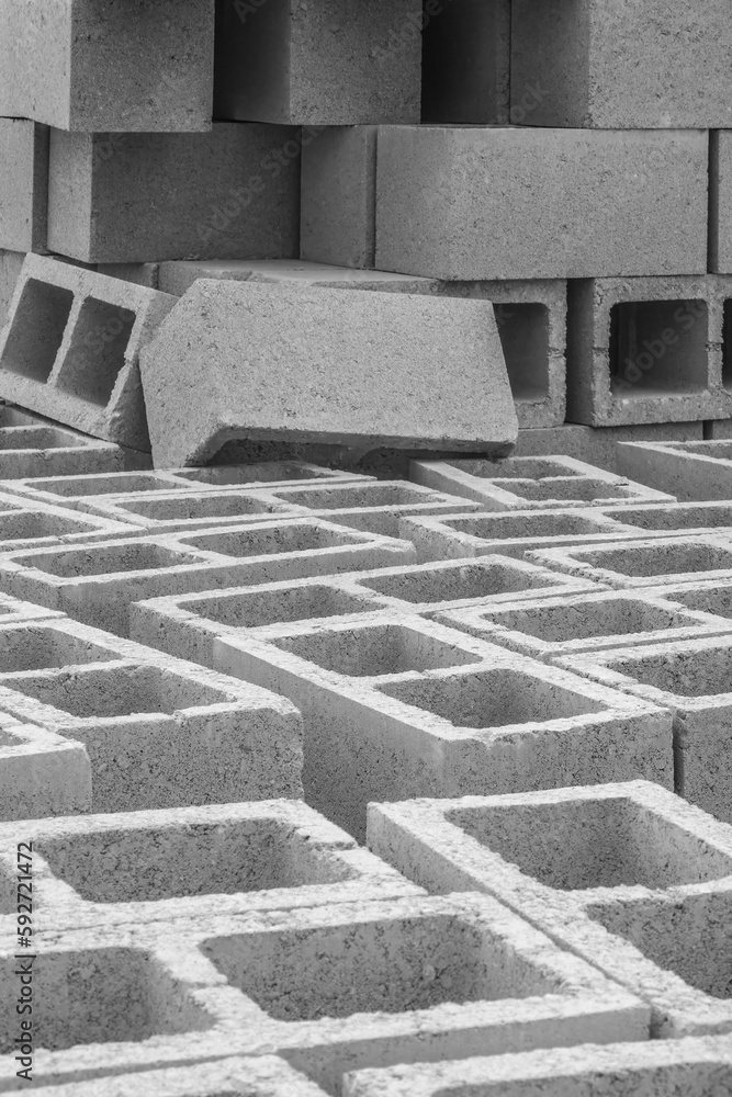 Medium closeup of hollow concrete blocks for masonry walls of a single