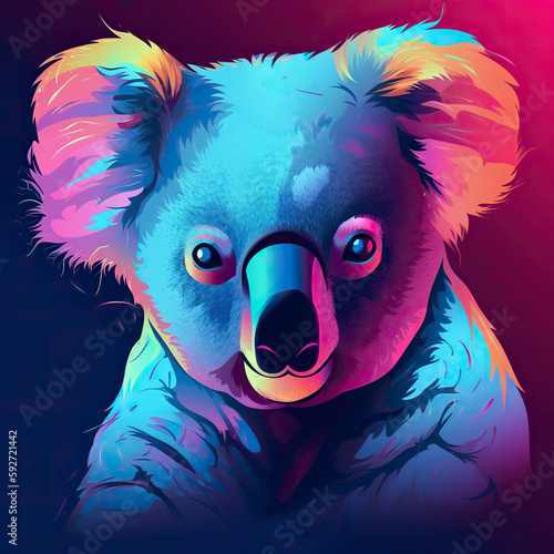 Koala in neon colors. Generative AI.