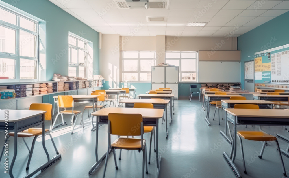 School classroom interior, desks and empty chairs, sunlight from windows. Generative AI School classroom interior, desks and empty chairs, sunlight from windows. Generative AI