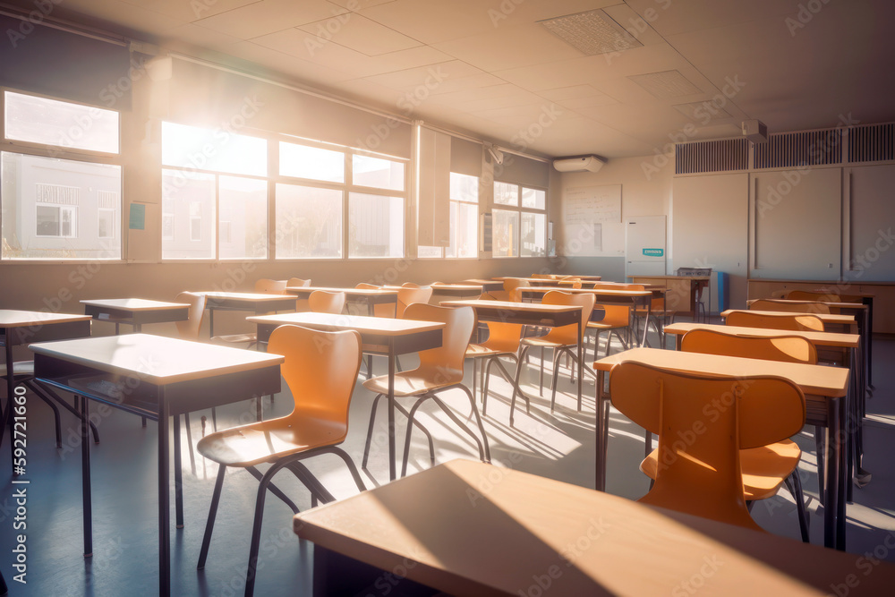 School classroom interior, desks and empty chairs, sunlight from windows. Generative AI