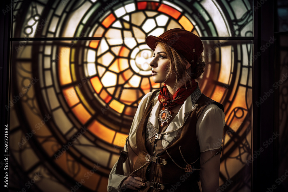 Steampunk woman stood in front of a stained glass window