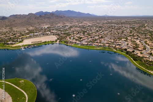 Aerial view of North Lake and Goodyear, Arizona cityscape with mountains in the background