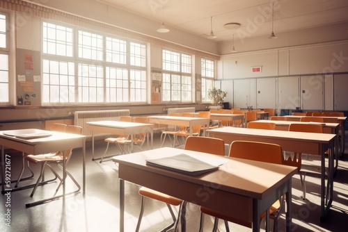 School classroom interior, desks and empty chairs, sunlight from windows. Generative AI