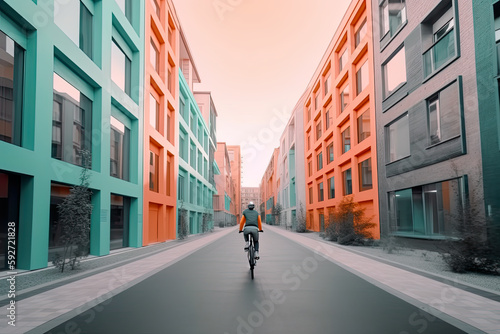 Cyclist riding bicycle in futuristic green sustainable city without cars AI generative illustration