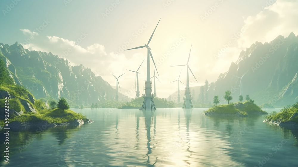 Windmills for electric power production, windmill for green energy , green meadow with Wind turbines generating electricity, Generative AI 