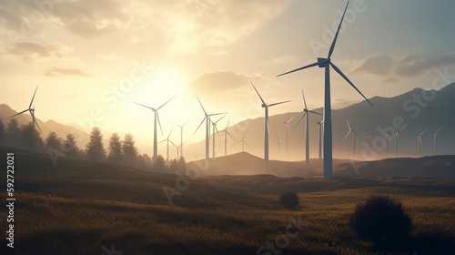 Windmills for electric power production, windmill for green energy , green meadow with Wind turbines generating electricity, Generative AI 