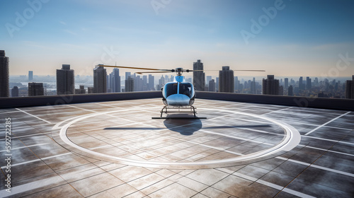  Helicopter lands on roof of skyscraper. Helicopter site in sun's sunset. Blue glass skyscrapers with reflection of sun. City landscape of modern metropolis. Generative AI.